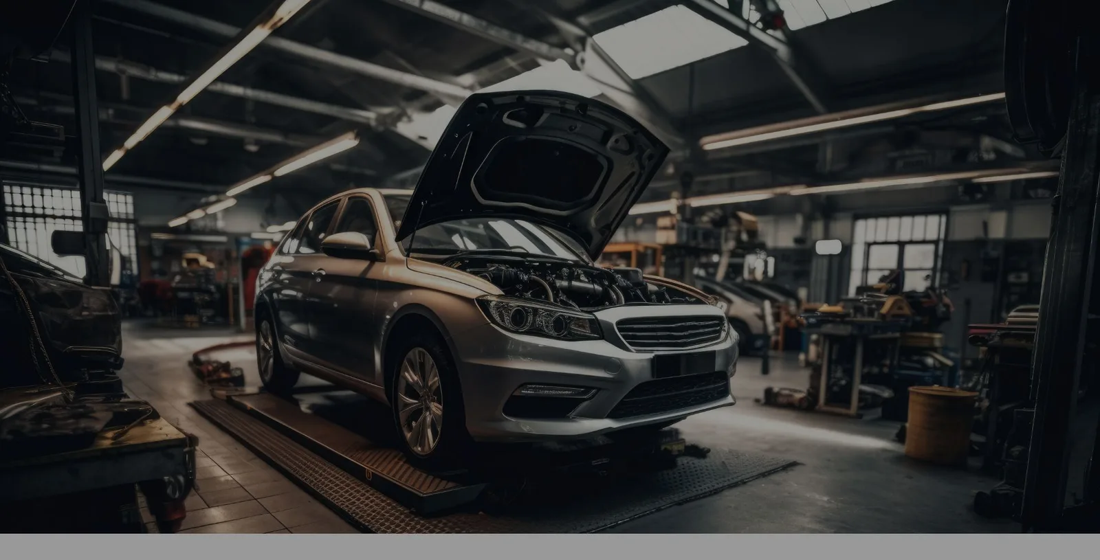 Car with its hood raised in an automotive repair shop